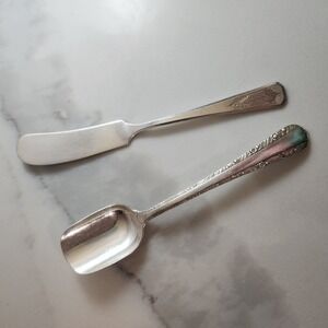 1950s Vintage Wm A Rogers Butter Knife and Kings Plate Sugar Spoon Silver Plate